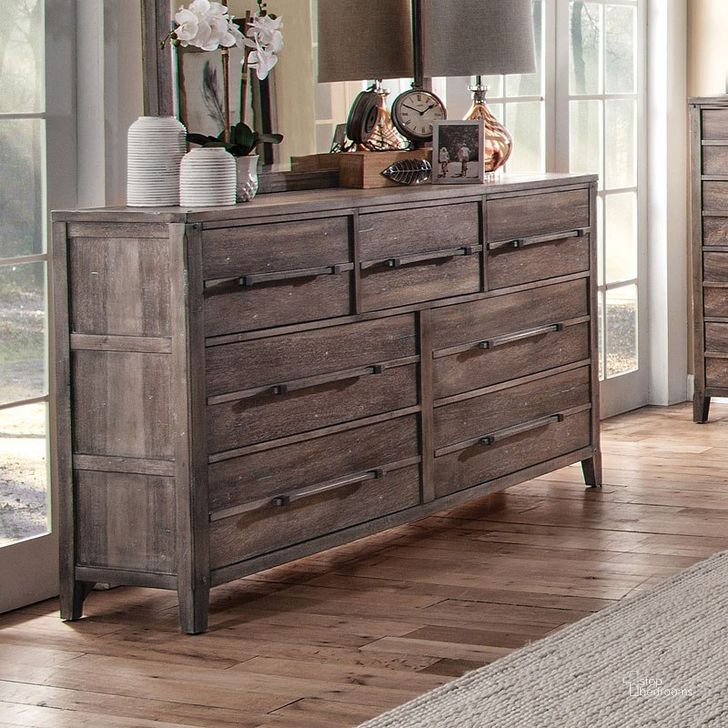 The appearance of Aurora Dresser (Weathered Grey) designed by American Woodcrafters in the transitional interior design. This weathered grey piece of furniture  was selected by 1StopBedrooms from Aurora Collection to add a touch of cosiness and style into your home. Sku: 2800-270. Material: Wood. Product Type: Dresser. Image1