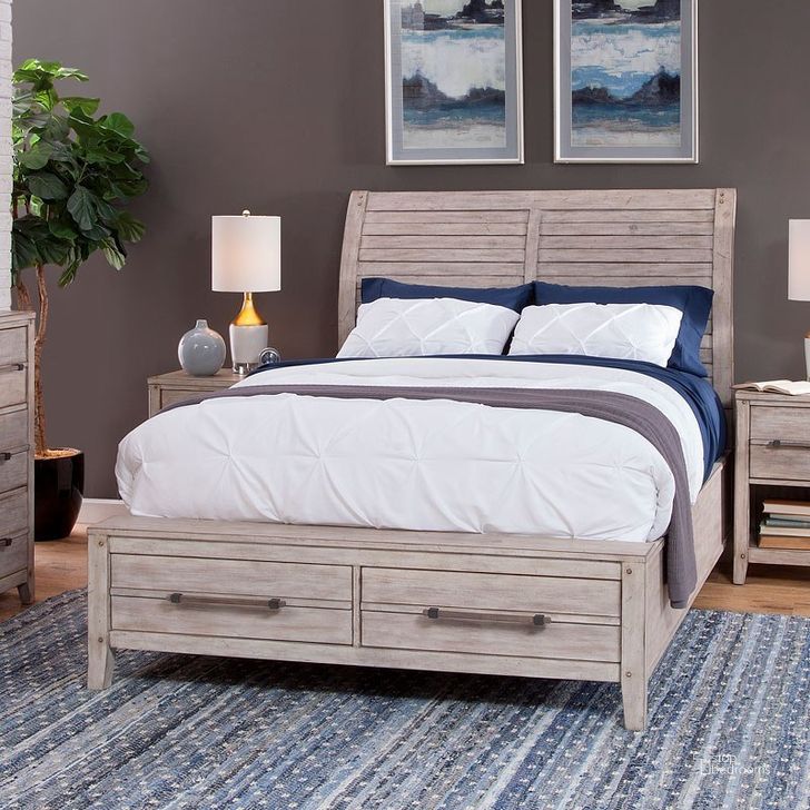 The appearance of Aurora Sleigh Storage Bed (Whitewash) (Queen) designed by American Woodcrafters in the transitional interior design. This white wash piece of furniture  was selected by 1StopBedrooms from Aurora Collection to add a touch of cosiness and style into your home. Sku: 2810-954;2810-956;2810-882. Bed Type: Storage Bed. Product Type: Storage Bed. Bed Size: Queen. Image1