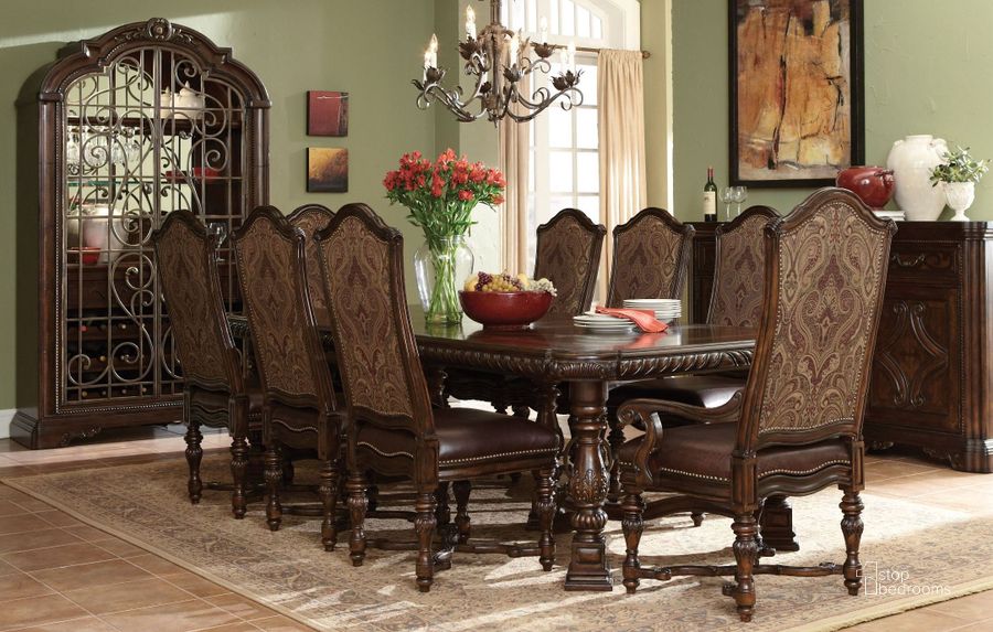 The appearance of Valencia Trestle Extendable Dining Room Set designed by A.R.T. in the traditional interior design. This brown piece of furniture  was selected by 1StopBedrooms from Valencia Collection to add a touch of cosiness and style into your home. Sku: 209221-2304TP;209221-2304BS;209204-2304. Table Base Style: Trestle. Material: Wood. Product Type: Dining Room Set. Table Top Shape: Rectangular. Image1