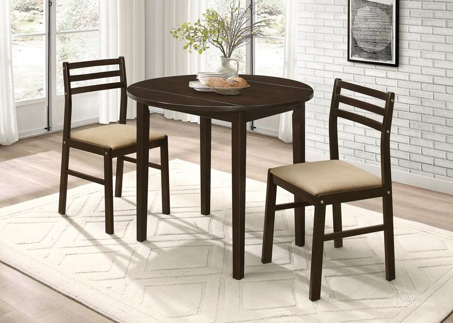 The appearance of 3 Pcs Round Dining Table Set designed by Coaster in the transitional interior design. This brown piece of furniture  was selected by 1StopBedrooms from 3 Piece Dining Set Collection to add a touch of cosiness and style into your home. Sku: 130005. Table Top Shape: Round. Material: Wood. Product Type: Dining Room Set. Image1