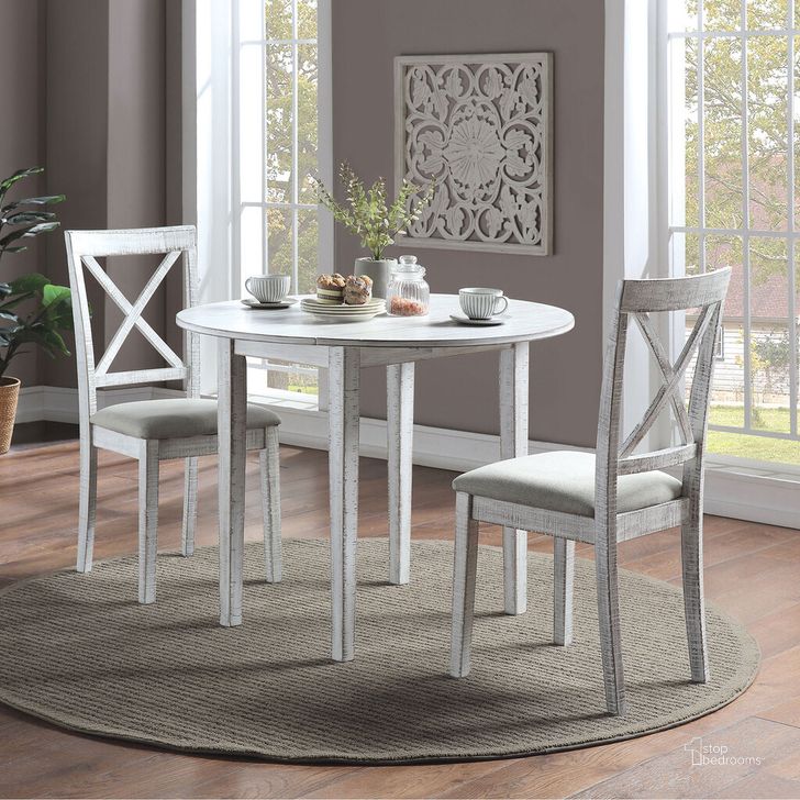 The appearance of 3 Piece Dining Table Set In Antique White designed by Furniture of America in the transitional interior design. This antique white piece of furniture  was selected by 1StopBedrooms from  to add a touch of cosiness and style into your home. Sku: CM3477WH-RT-3PK. Material: Wood. Product Type: Dining Room Set. Image1