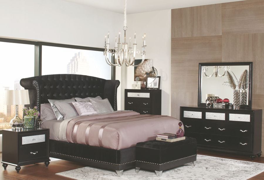 The appearance of Barzini Black Upholstered Platform Bedroom Set designed by Coaster in the modern / contemporary interior design. This black piece of furniture  was selected by 1StopBedrooms from Barzini Collection to add a touch of cosiness and style into your home. Sku: 300643QB1;300643QB2;300643QB3;200892. Bed Type: Platform Bed. Product Type: Platform Bed. Bed Size: Queen. Material: Velvet. Image1
