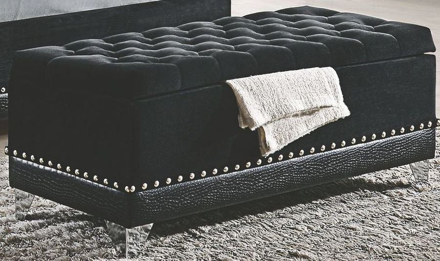 The appearance of Barzini Black Upholstered Trunk designed by Coaster in the modern / contemporary interior design. This black piece of furniture  was selected by 1StopBedrooms from Barzini Collection to add a touch of cosiness and style into your home. Sku: 300644. Product Type: Storage Trunk. Material: Velvet. Image1