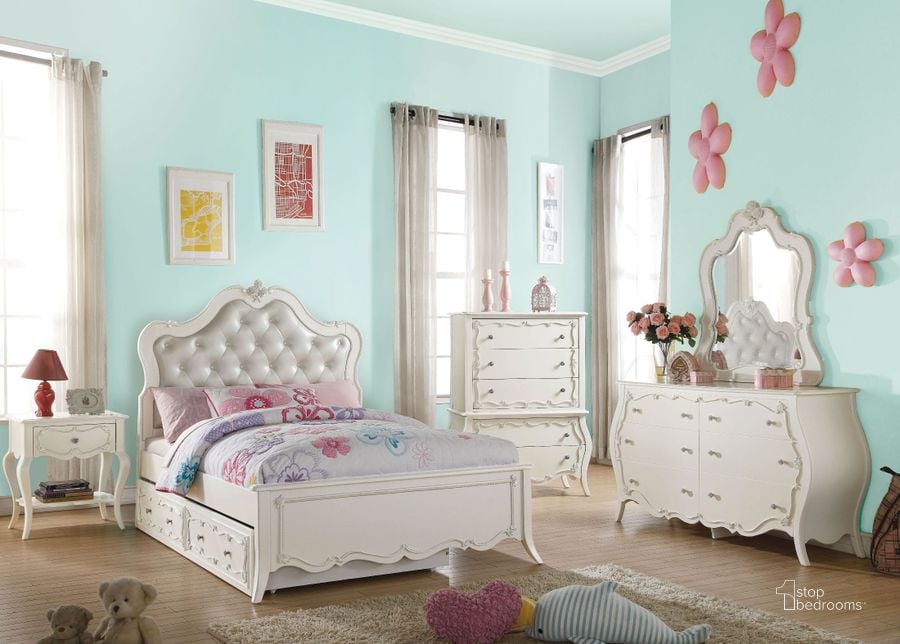 The appearance of Edalene Pearl White Youth Upholstered Panel Bedroom Set designed by ACME in the transitional interior design. This white piece of furniture  was selected by 1StopBedrooms from Edalene Collection to add a touch of cosiness and style into your home. Sku: 30505T-HB;30506T-FB;30507T-R;30509. Bed Type: Panel Bed. Material: Wood. Product Type: Panel Bed. Bed Size: Twin. Image1