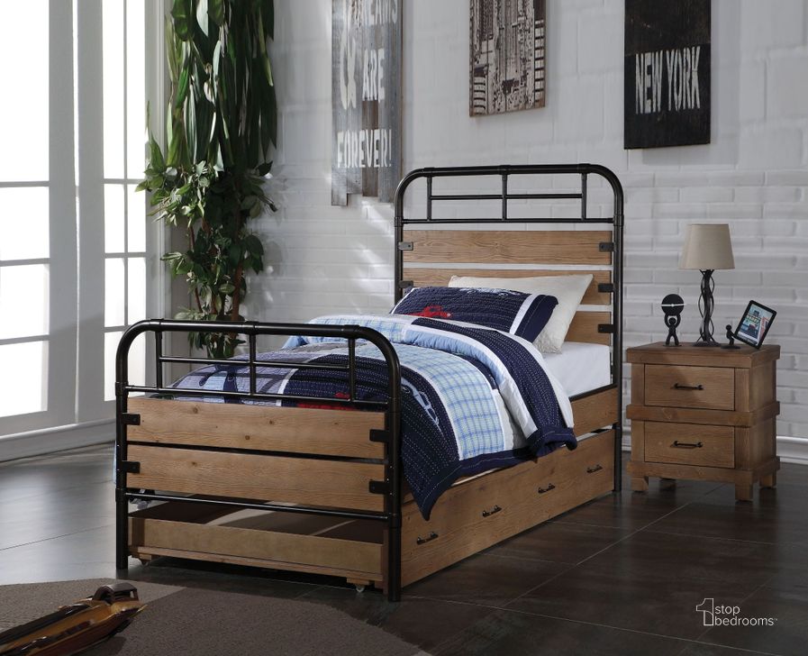 The appearance of Adams Antique Oak Youth Metal Panel Bedroom Set designed by ACME in the industrial interior design. This brown piece of furniture  was selected by 1StopBedrooms from Adams Collection to add a touch of cosiness and style into your home. Sku: 30610T-HF;30611T-R;30613. Bed Type: Panel Bed. Material: Wood. Product Type: Panel Bed. Bed Size: Twin. Image1