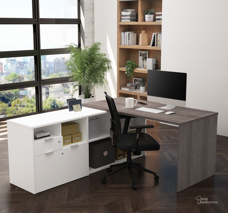 The appearance of I3 Plus L-Desk With Two Drawers In Bark Gray and White designed by Bestar in the modern / contemporary interior design. This bark gray and white piece of furniture  was selected by 1StopBedrooms from I3 Plus Collection to add a touch of cosiness and style into your home. Sku: 160850-4717. Material: Wood. Product Type: Office Desk. Image1