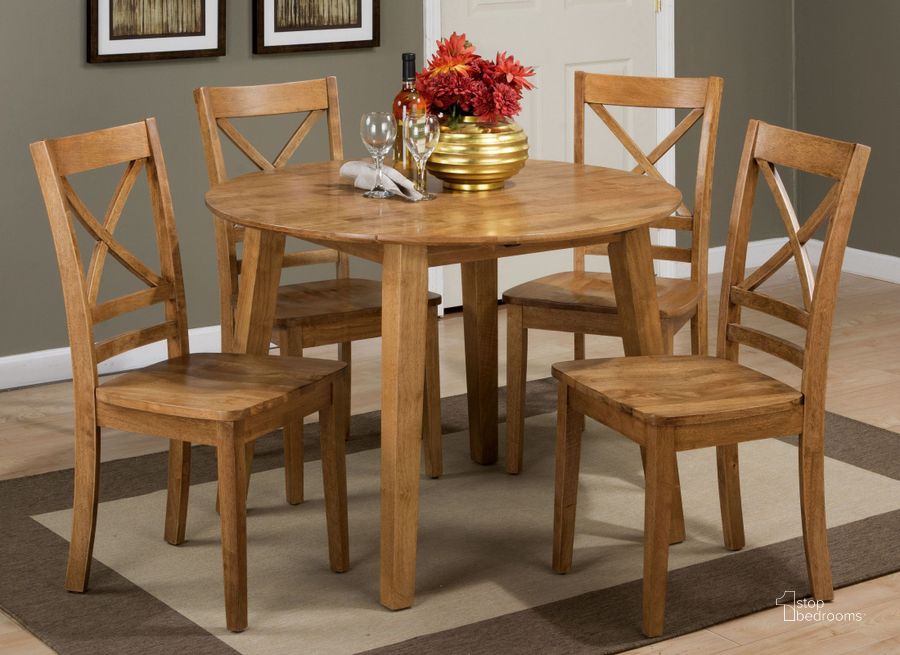 The appearance of Simplicity Honey Extendable Round Drop-Leaf Dining Room Set designed by Jofran in the transitional interior design. This brown piece of furniture  was selected by 1StopBedrooms from Simplicity Collection to add a touch of cosiness and style into your home. Sku: 352-28;352-319KD. Table Base Style: Legs. Table Top Shape: Round. Material: Wood. Product Type: Dining Room Set. Image1