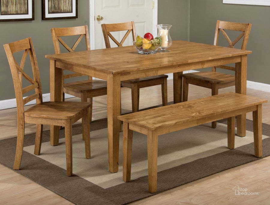 The appearance of Simplicity Honey Rectangular Dining Room Set designed by Jofran in the transitional interior design. This brown piece of furniture  was selected by 1StopBedrooms from Simplicity Collection to add a touch of cosiness and style into your home. Sku: 352-60;352-319KD. Table Base Style: Legs. Material: Wood. Product Type: Dining Room Set. Table Top Shape: Rectangular. Image1