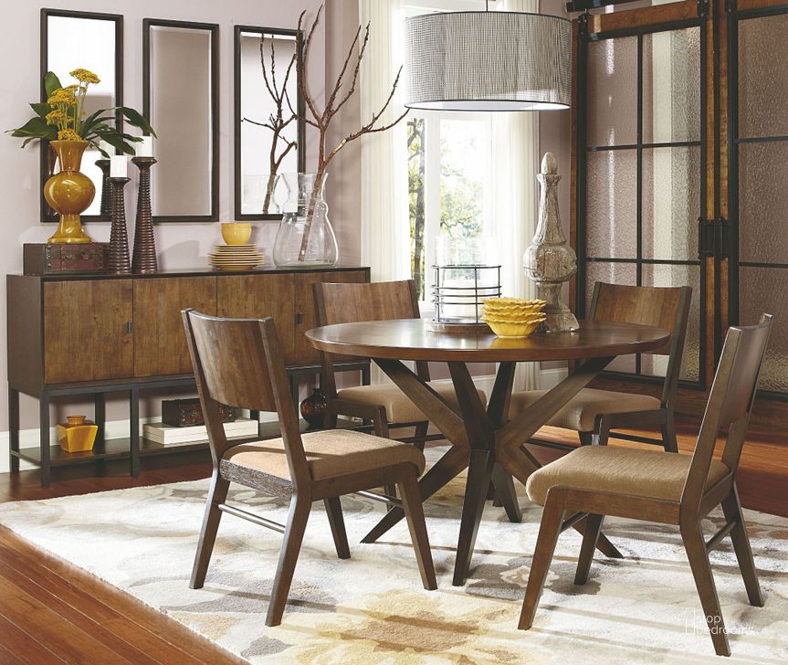 The appearance of Kateri Hazelnut Round Pedestal Dining Room Set designed by Legacy Classic in the modern / contemporary interior design. This brown piece of furniture  was selected by 1StopBedrooms from Kateri Collection to add a touch of cosiness and style into your home. Sku: N3600-520;3600-140 KD. Table Top Shape: Round. Material: Wood. Product Type: Dining Room Set. Image1