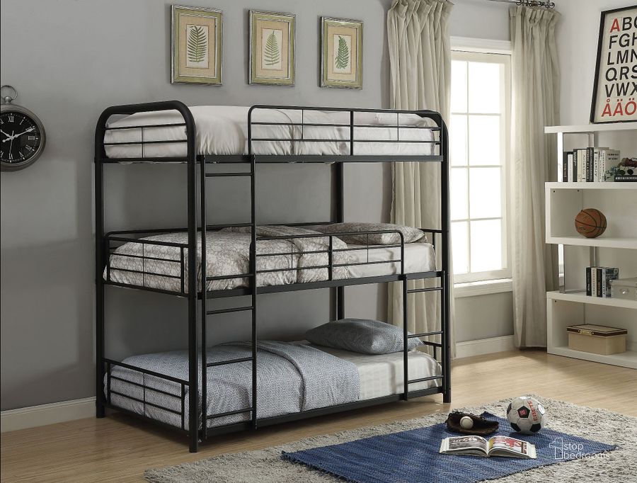 The appearance of Cairo Sandy Black Full Triple Bunk Bed designed by ACME in the modern / contemporary interior design. This black piece of furniture  was selected by 1StopBedrooms from Cairo Collection to add a touch of cosiness and style into your home. Sku: 37330-1;37330-2. Bed Type: Bunk Bed. Material: Metal. Product Type: Bunk Bed. Bed Size: Full Over Full.