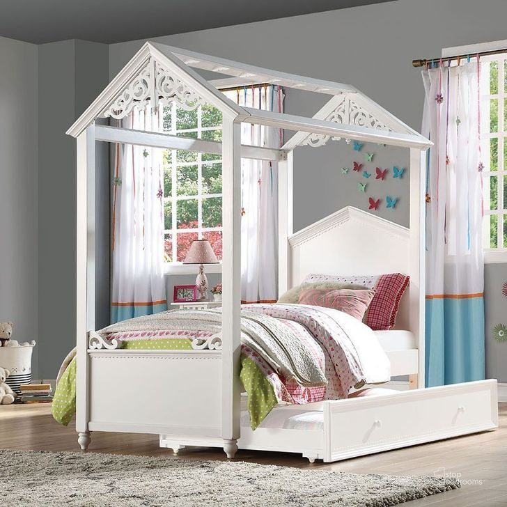 The appearance of Rapunzel Canopy Bed designed by ACME in the country / farmhouse interior design. This white piece of furniture  was selected by 1StopBedrooms from Rapunzel Collection to add a touch of cosiness and style into your home. Sku: 37350T-HF;37351T-R. Bed Type: Canopy Bed. Product Type: Canopy Bed. Bed Size: Twin. Material: MDF. Image1
