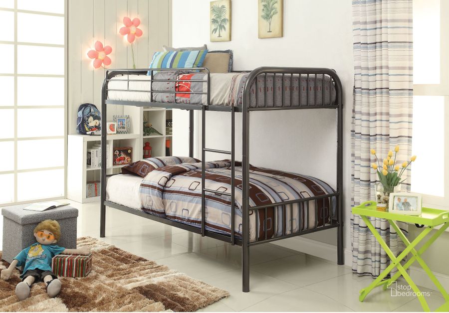 The appearance of Bristol Gunmetal Twin Over Twin Bunk Bed designed by ACME in the modern / contemporary interior design. This black piece of furniture  was selected by 1StopBedrooms from Bristol Collection to add a touch of cosiness and style into your home. Sku: 37535. Bed Type: Bunk Bed. Material: Metal. Product Type: Bunk Bed. Bed Size: Twin Over Twin. Image1
