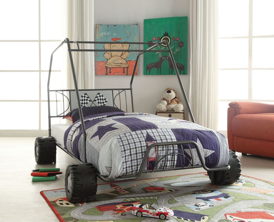The appearance of Xander Gunmetal Go Kart Twin Bed designed by ACME in the transitional interior design. This gunmetal piece of furniture  was selected by 1StopBedrooms from Xander Collection to add a touch of cosiness and style into your home. Sku: 37640T-BED;37641T-WHE. Material: Metal. Bed Size: Twin. Product Type: Novelty Bed. Bed Type: Novelty Bed.