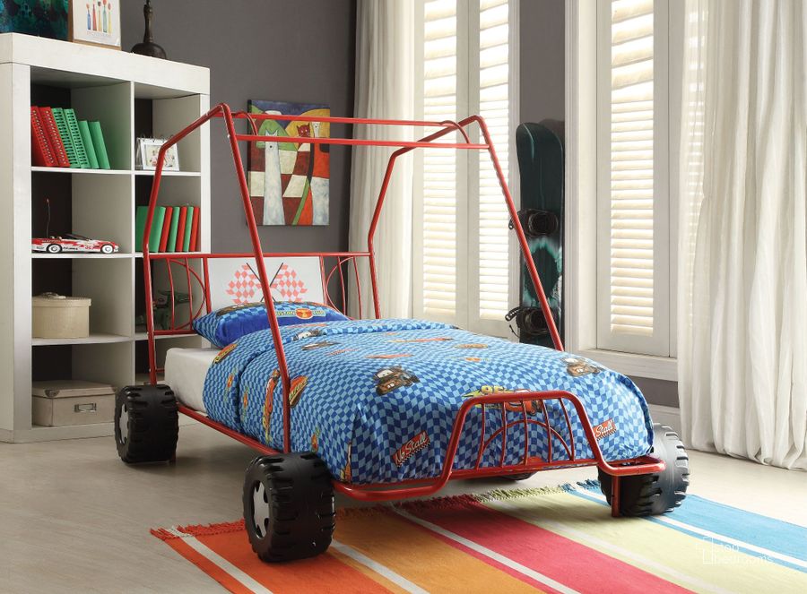 The appearance of Xander Red Go Kart Twin Bed designed by ACME in the transitional interior design. This red piece of furniture  was selected by 1StopBedrooms from Xander Collection to add a touch of cosiness and style into your home. Sku: 37645T-BED;37646T-WHE. Material: Metal. Bed Size: Twin. Product Type: Novelty Bed. Bed Type: Novelty Bed.