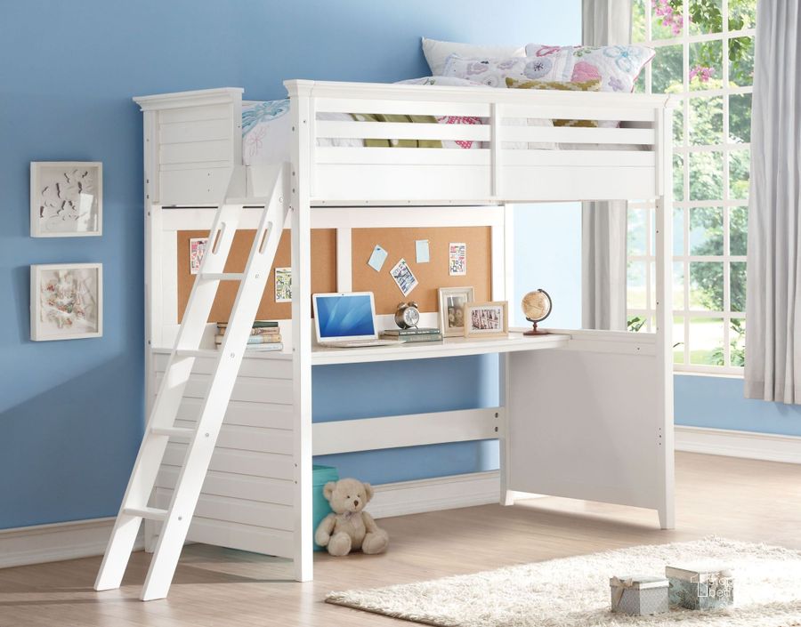 The appearance of Lacey White Twin Loft Bed designed by ACME in the transitional interior design. This white piece of furniture  was selected by 1StopBedrooms from Lacey Collection to add a touch of cosiness and style into your home. Sku: 37670HF;37671RL;37672PNL. Material: Wood. Product Type: Loft Bed. Bed Size: Twin. Bed Type: Loft Bed.