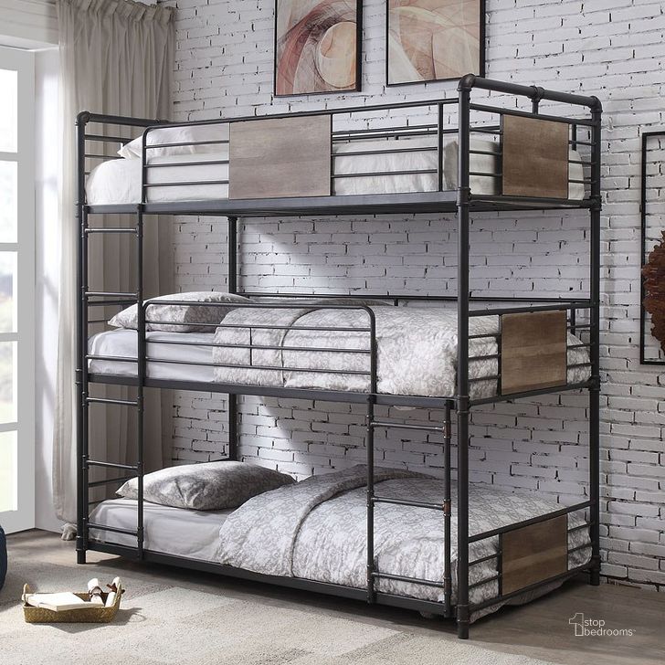 The appearance of Brantley Triple Bunk Bed designed by ACME in the industrial interior design. This black piece of furniture  was selected by 1StopBedrooms from Brantley Collection to add a touch of cosiness and style into your home. Sku: 37820-1;37821-2. Bed Type: Bunk Bed. Material: Wood. Product Type: Bunk Bed.