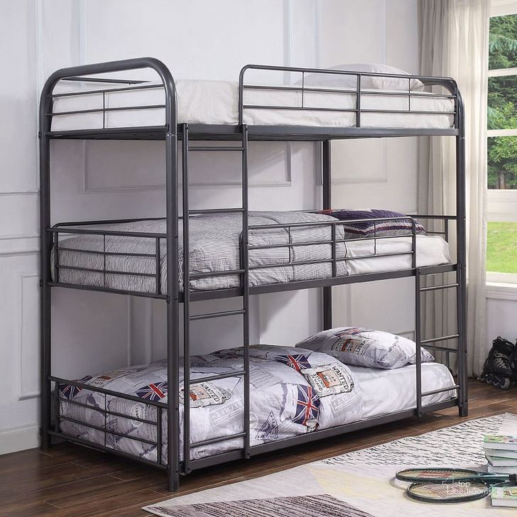 The appearance of Cairo Triple Bunk Bed (Gunmetal) designed by ACME in the industrial interior design. This gunmetal piece of furniture  was selected by 1StopBedrooms from Cairo Collection to add a touch of cosiness and style into your home. Sku: 38090-1;38091-2. Bed Type: Bunk Bed. Material: Metal. Product Type: Bunk Bed. Bed Size: Twin.