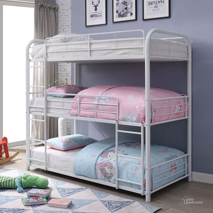 The appearance of Cairo Triple Bunk Bed (White) designed by ACME in the industrial interior design. This white piece of furniture  was selected by 1StopBedrooms from Cairo Collection to add a touch of cosiness and style into your home. Sku: 38110-1;38111-2. Bed Type: Bunk Bed. Material: Metal. Product Type: Bunk Bed. Bed Size: Twin.