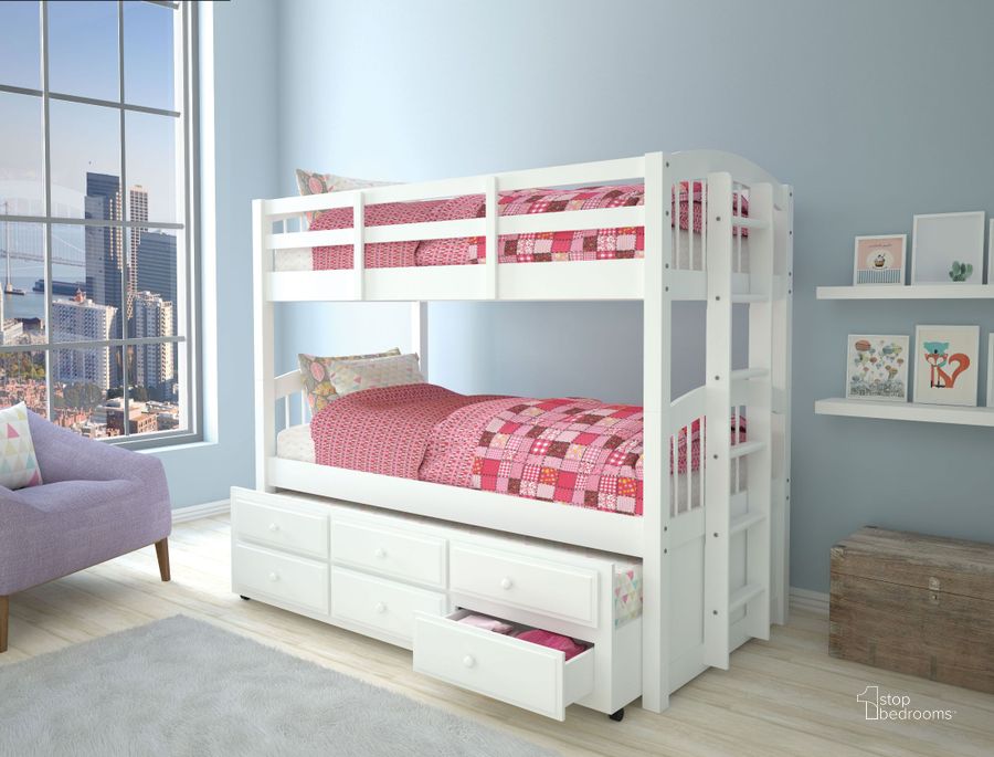 The appearance of Micah White Twin Over Twin Bunk Bed with Drawer Trundle designed by ACME in the modern / contemporary interior design. This white piece of furniture  was selected by 1StopBedrooms from Micah Collection to add a touch of cosiness and style into your home. Sku: 39995HF;39996RL. Bed Type: Bunk Bed. Material: Wood. Product Type: Bunk Bed. Bed Size: Twin Over Twin. Image1