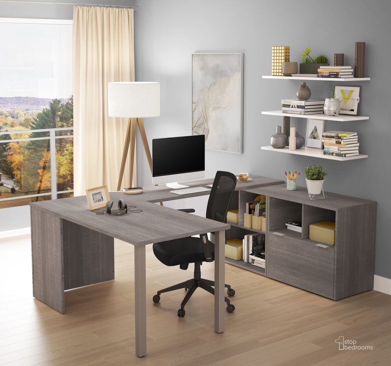 The appearance of I3 Plus U-Desk With One File Drawer In Bark Gray designed by Bestar in the modern / contemporary interior design. This bark gray piece of furniture  was selected by 1StopBedrooms from I3 Plus Collection to add a touch of cosiness and style into your home. Sku: 160862-47. Material: Wood. Product Type: Office Desk. Image1