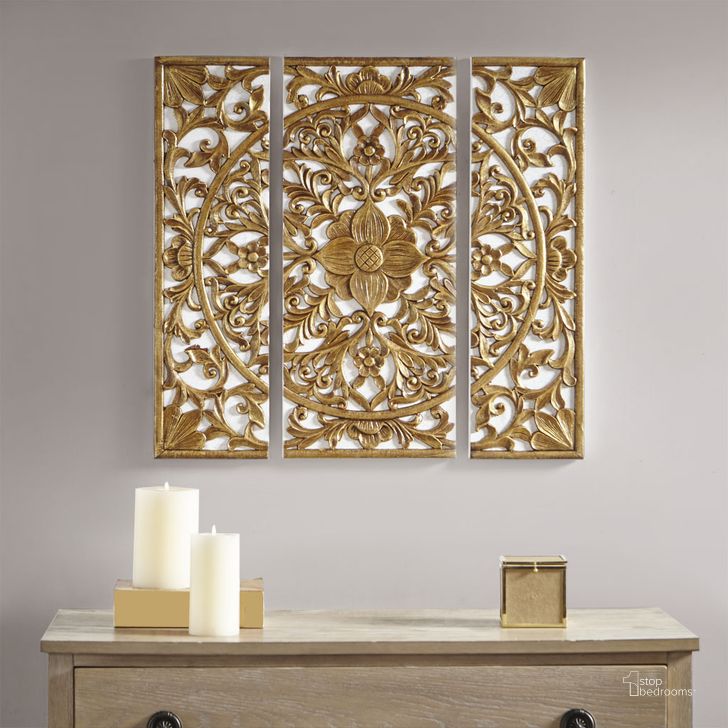The appearance of 3D Embellished Canvas 3 Piece Set In Gold designed by Olliix in the transitional interior design. This gold piece of furniture  was selected by 1StopBedrooms from Gold Medallion Collection to add a touch of cosiness and style into your home. Sku: MP95C-0185. Material: Wood. Product Type: Wall Art. Image1