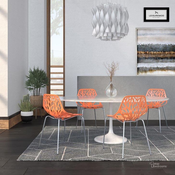 The appearance of 4 LeisureMod Asbury Orange Chromed Legs Dining Chairs designed by LeisureMod in the modern / contemporary interior design. This orange piece of furniture  was selected by 1StopBedrooms from Asbury Collection to add a touch of cosiness and style into your home. Sku: AC16OR4. Material: Polypropylene. Product Type: Dining Chair. Image1
