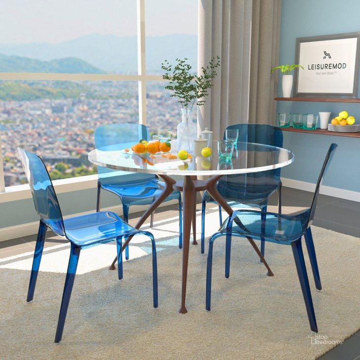 The appearance of 4 LeisureMod Murray Transparent Blue Dining Chairs designed by LeisureMod in the modern / contemporary interior design. This blue piece of furniture  was selected by 1StopBedrooms from Murray Collection to add a touch of cosiness and style into your home. Sku: MC20TBU4. Product Type: Dining Chair. Material: Plastic. Image1