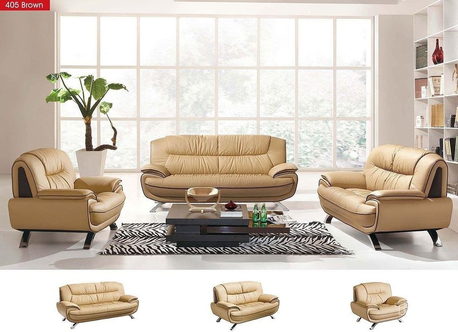 The appearance of 405 Brown Leather Living Room Set designed by ESF in the modern / contemporary interior design. This brown piece of furniture  was selected by 1StopBedrooms from 405 Collection to add a touch of cosiness and style into your home. Sku: 4053BROWN;4052BROWN. Product Type: Living Room Set. Material: Leather Match. Image1