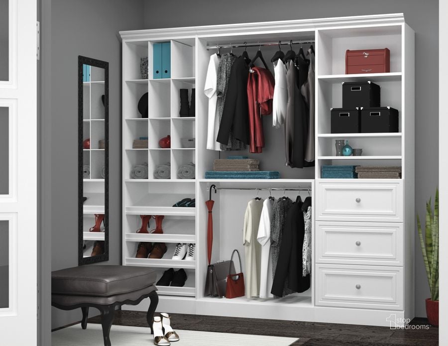 The appearance of Versatile White 86'' Storage Wardrobe designed by Bestar in the modern / contemporary interior design. This white piece of furniture  was selected by 1StopBedrooms from Versatile Collection to add a touch of cosiness and style into your home. Sku: 40853-17. Material: Wood. Product Type: Wardrobe. Image1