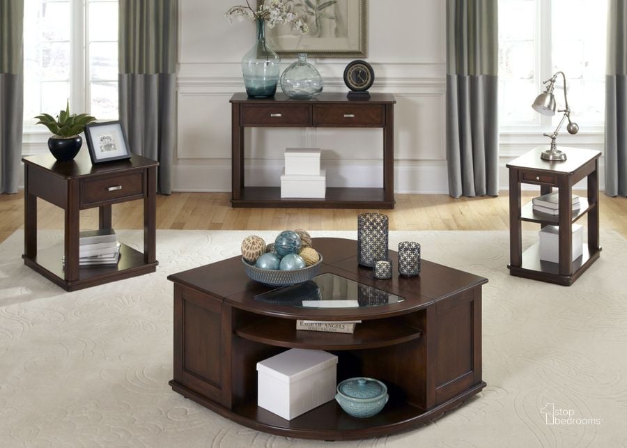 The appearance of Wallace Occasional Table Set designed by Liberty in the modern / contemporary interior design. This brown piece of furniture  was selected by 1StopBedrooms from Wallace Collection to add a touch of cosiness and style into your home. Sku: 424-OT1010;424-OT1021. Table Top Shape: Triangular. Material: Wood. Product Type: Occasional Table Set. Image1