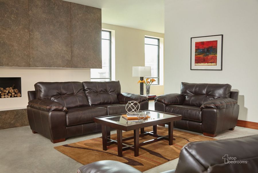 The appearance of Hudson Chocolate Living Room Set designed by Jackson in the modern / contemporary interior design. This brown piece of furniture  was selected by 1StopBedrooms from Hudson Collection to add a touch of cosiness and style into your home. Sku: 439603115209125209;439601115209125209. Product Type: Living Room Set. Material: Vinyl. Image1