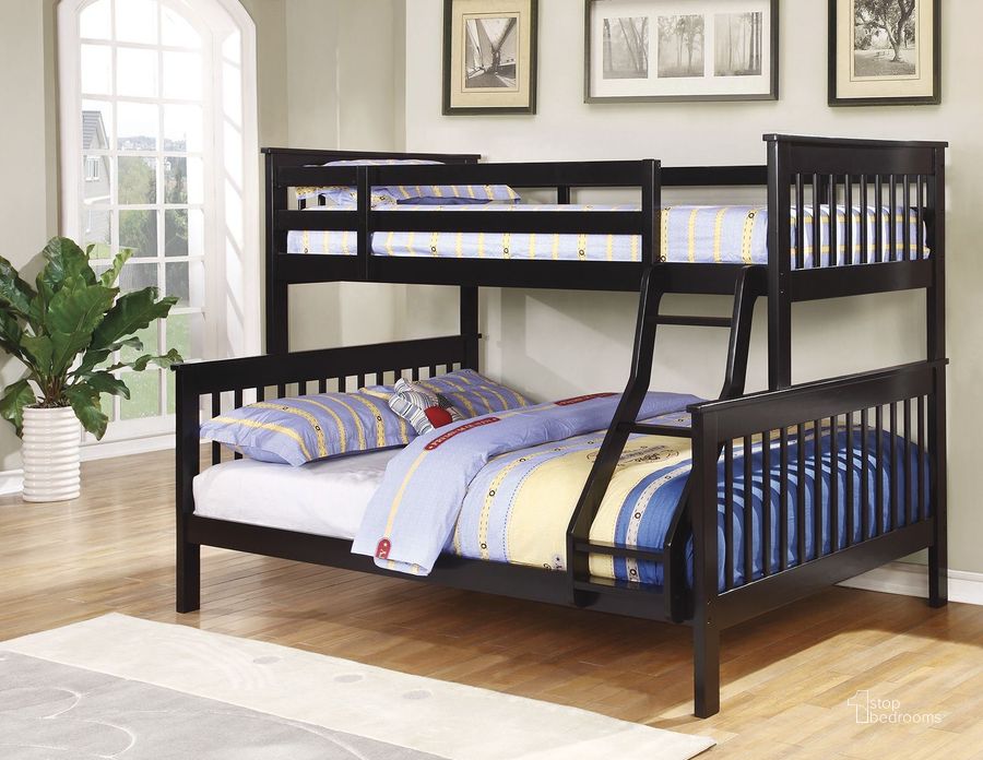 The appearance of Black Twin over Full Bunk Bed designed by Coaster in the traditional interior design. This black piece of furniture  was selected by 1StopBedrooms from Black Collection to add a touch of cosiness and style into your home. Sku: 460259B1;460259B2;460259B3. Bed Type: Bunk Bed. Material: Wood. Product Type: Bunk Bed. Bed Size: Twin Over Full. Image1