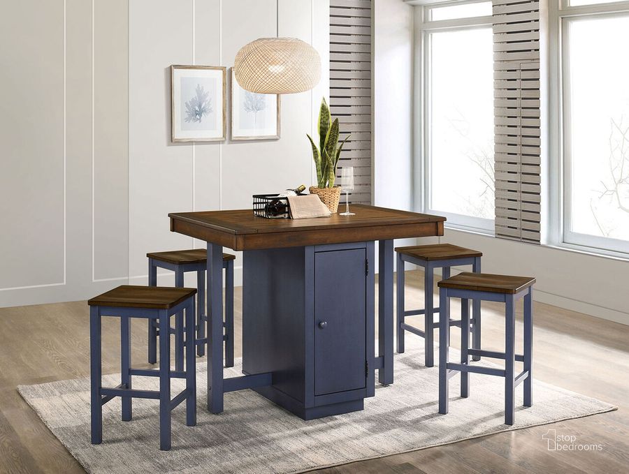 The appearance of 5 Piece Counter Height Table Set In Antique Dark Oak and Muted Blue designed by Furniture of America in the transitional interior design. This antique dark oak and muted blue piece of furniture  was selected by 1StopBedrooms from  to add a touch of cosiness and style into your home. Sku: CM3493PT-5PK. Material: Wood. Product Type: Dining Room Set. Image1