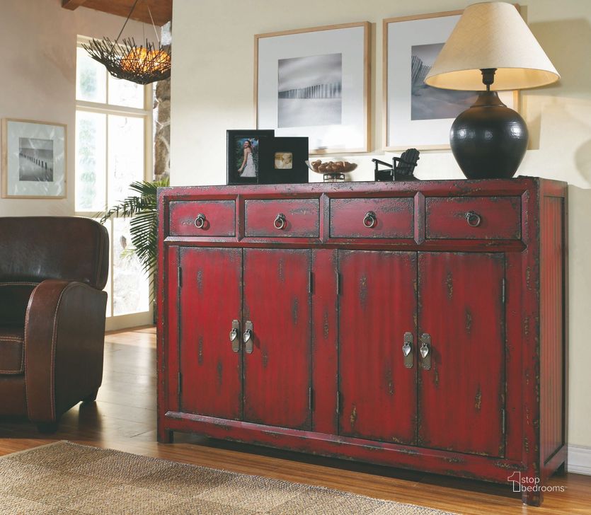 The appearance of Red 58'' 4 Door Asian Cabinet designed by Hooker in the transitional interior design. This red piece of furniture  was selected by 1StopBedrooms from Red Collection to add a touch of cosiness and style into your home. Sku: 500-50-711. Material: Wood. Product Type: Accent Cabinet. Image1