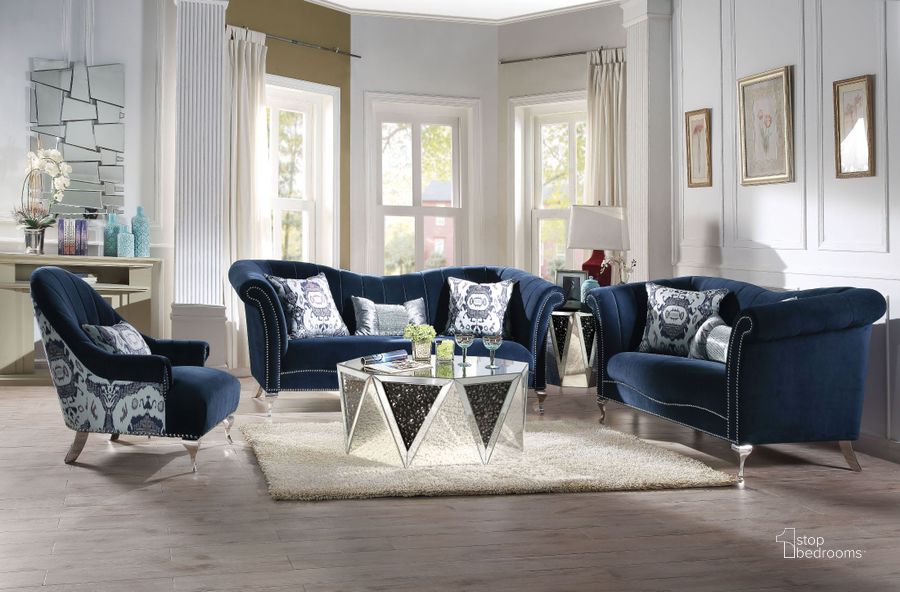 The appearance of Jaborosa Blue Velvet Living Room Set designed by ACME in the rustic / southwestern interior design. This blue piece of furniture  was selected by 1StopBedrooms from Jaborosa Collection to add a touch of cosiness and style into your home. Sku: 50345;50346. Product Type: Living Room Set. Material: Velvet. Image1