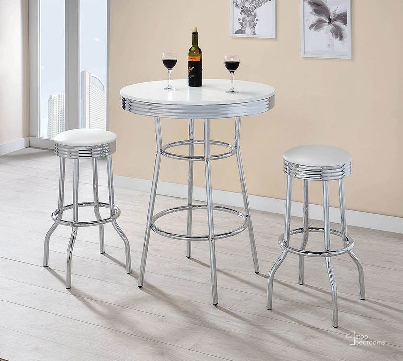 The appearance of 50s Soda Fountain Bar Set w/ White Stools designed by Coaster in the modern / contemporary interior design. This white piece of furniture  was selected by 1StopBedrooms from Soda Collection to add a touch of cosiness and style into your home. Sku: 2300;2299W. Material: Metal. Product Type: Bistro and Bar Table Set. Image1