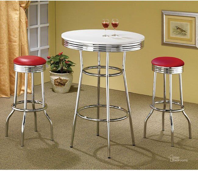 The appearance of 50s Soda Fountain Bar Set w/ White Top Table designed by Coaster in the modern / contemporary interior design. This white and red piece of furniture  was selected by 1StopBedrooms from Soda Collection to add a touch of cosiness and style into your home. Sku: 2300;2299R. Material: Metal. Product Type: Bistro and Bar Table Set. Image1