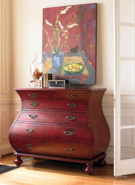 The appearance of Red 5 Drawer Bombe Chest designed by Hooker in the transitional interior design. This red piece of furniture  was selected by 1StopBedrooms from Red Collection to add a touch of cosiness and style into your home. Sku: 5102-85001. Material: Wood. Product Type: Chest. Image1