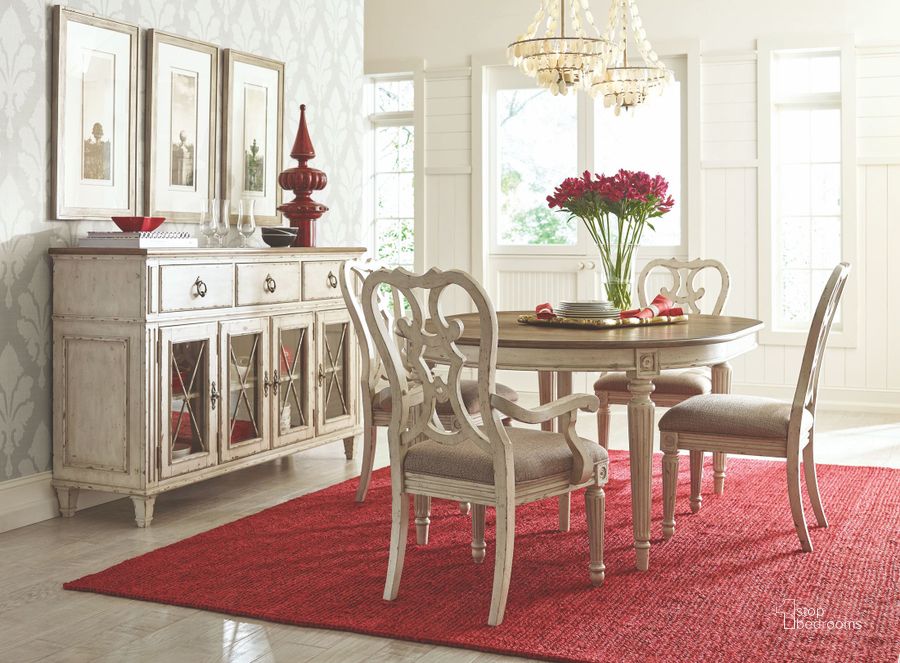 The appearance of Southbury Fossil and Parchment Extendable Round Dining Room Set designed by American Drew in the transitional interior design. This white piece of furniture  was selected by 1StopBedrooms from Southbury Collection to add a touch of cosiness and style into your home. Sku: 513-701;513-637. Table Base Style: Legs. Table Top Shape: Round. Material: Wood. Product Type: Dining Room Set. Image1