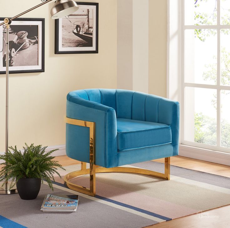 The appearance of Meridian Carter Accent Chair in Aqua designed by Meridian in the modern / contemporary interior design. This aqua velvet piece of furniture  was selected by 1StopBedrooms from Carter Collection to add a touch of cosiness and style into your home. Sku: 515Aqua. Material: Steel. Product Type: Accent Chair. Image1