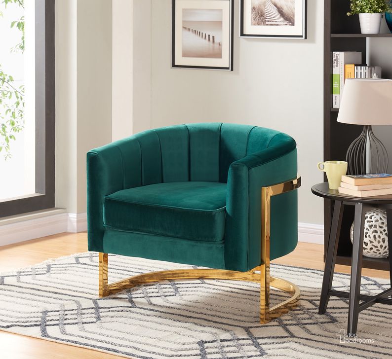 The appearance of Meridian Carter Accent Chair in Green designed by Meridian in the modern / contemporary interior design. This green velvet piece of furniture  was selected by 1StopBedrooms from Carter Collection to add a touch of cosiness and style into your home. Sku: 515Green. Material: Other. Product Type: Accent Chair. Image1