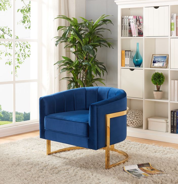 The appearance of Meridian Carter Accent Chair in Navy designed by Meridian in the modern / contemporary interior design. This navy velvet piece of furniture  was selected by 1StopBedrooms from Carter Collection to add a touch of cosiness and style into your home. Sku: 515Navy. Material: Other. Product Type: Accent Chair. Image1