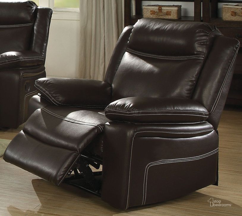 The appearance of Corra Espresso Recliner designed by ACME in the modern / contemporary interior design. This brown piece of furniture  was selected by 1StopBedrooms from Corra Collection to add a touch of cosiness and style into your home. Sku: 52052. Product Type: Recliner. Material: Vinyl. Image1