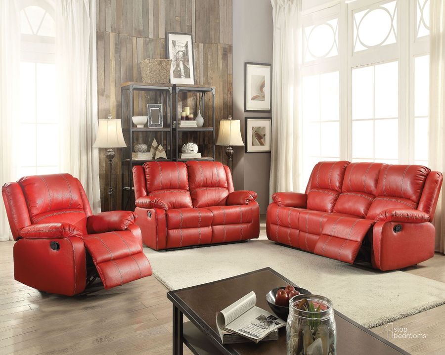 The appearance of Zuriel Red Reclining Living Room Set designed by ACME in the modern / contemporary interior design. This red piece of furniture  was selected by 1StopBedrooms from Zuriel Collection to add a touch of cosiness and style into your home. Sku: 52150;52151. Product Type: Living Room Set. Material: Vinyl. Image1