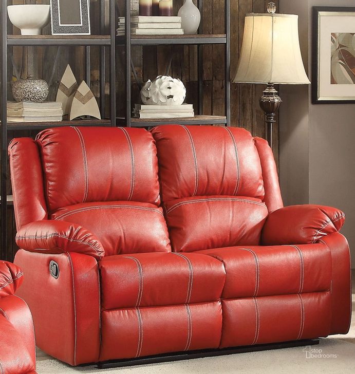 The appearance of Zuriel Red Reclining Loveseat designed by ACME in the modern / contemporary interior design. This red piece of furniture  was selected by 1StopBedrooms from Zuriel Collection to add a touch of cosiness and style into your home. Sku: 52151. Product Type: Reclining Loveseat. Material: Vinyl. Image1