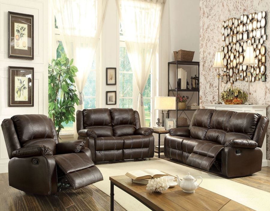 The appearance of Zuriel Brown Reclining Living Room Set designed by ACME in the modern / contemporary interior design. This brown piece of furniture  was selected by 1StopBedrooms from Zuriel Collection to add a touch of cosiness and style into your home. Sku: 52280;52281. Product Type: Living Room Set. Material: Vinyl. Image1