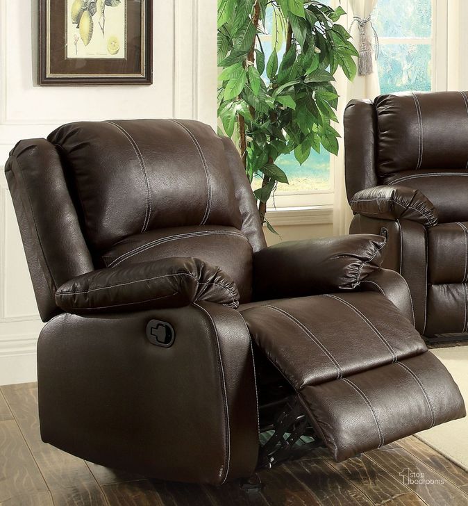 The appearance of Zuriel Brown Rocker Recliner designed by ACME in the modern / contemporary interior design. This brown piece of furniture  was selected by 1StopBedrooms from Zuriel Collection to add a touch of cosiness and style into your home. Sku: 52282. Product Type: Rocker Recliner. Material: Vinyl. Image1