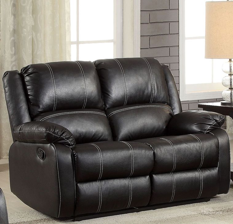 The appearance of Zuriel Black Reclining Loveseat designed by ACME in the modern / contemporary interior design. This black piece of furniture  was selected by 1StopBedrooms from Zuriel Collection to add a touch of cosiness and style into your home. Sku: 52286. Product Type: Reclining Loveseat. Material: Vinyl. Image1
