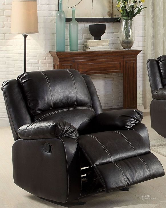 The appearance of Zuriel Black Rocker Recliner designed by ACME in the modern / contemporary interior design. This black piece of furniture  was selected by 1StopBedrooms from Zuriel Collection to add a touch of cosiness and style into your home. Sku: 52287. Product Type: Rocker Recliner. Material: Vinyl. Image1
