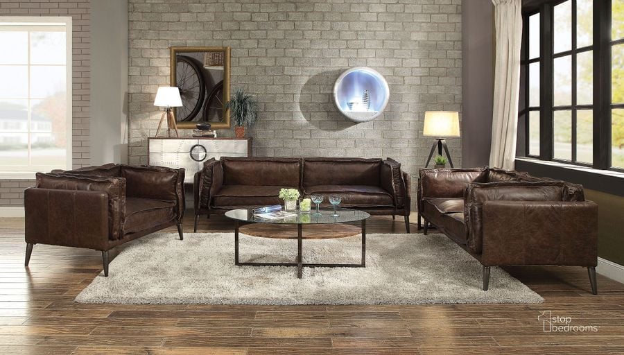 The appearance of Porchester Distress Chocolate Leather Living Room Set designed by ACME in the modern / contemporary interior design. This brown piece of furniture  was selected by 1StopBedrooms from Porchester Collection to add a touch of cosiness and style into your home. Sku: 52480;52481. Material: Leather. Product Type: Living Room Set. Image1